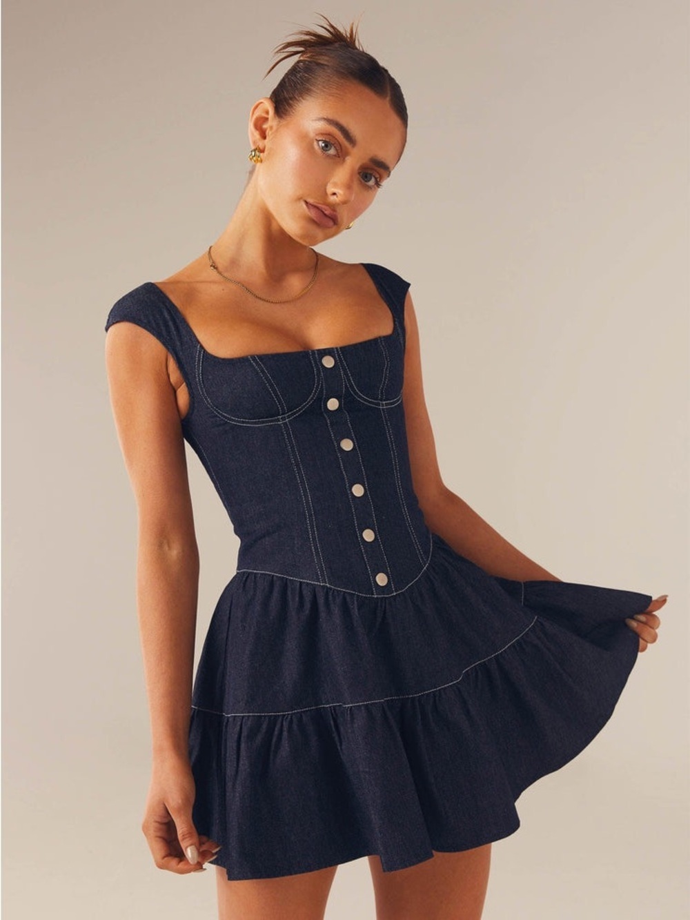 Peppermayo | Isabella Denim Bustier Dress Size 4 Blue Fit Flare Cap Sleeves